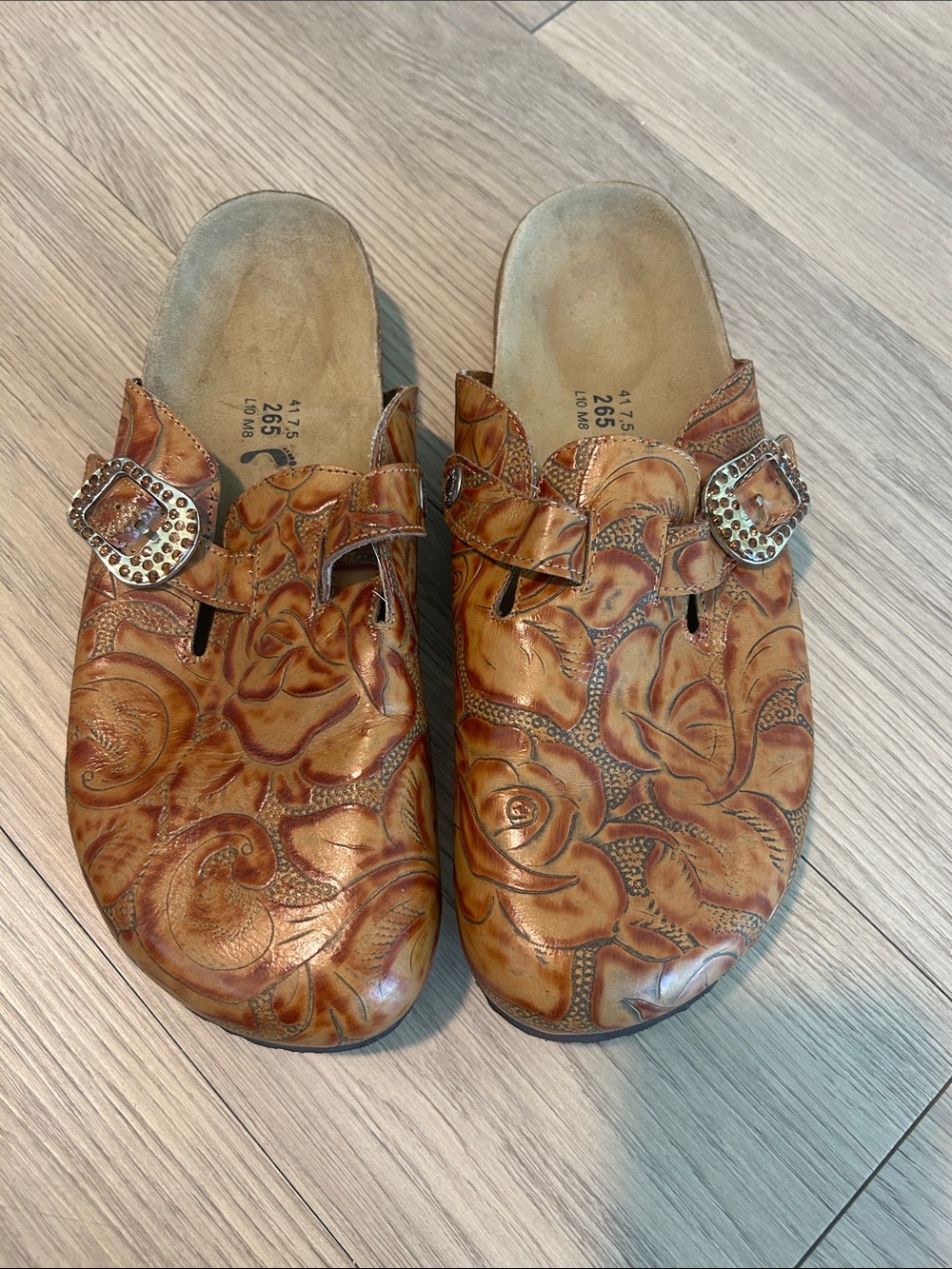 New Betula by  Birkenstock Cognac Leather Tooled Mules Shoes 10